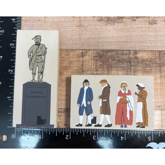 Johnny Appleseed Wooden Figurine & Early Settlers Block Decor By Cats Meow 1994 - Picture 1 of 2